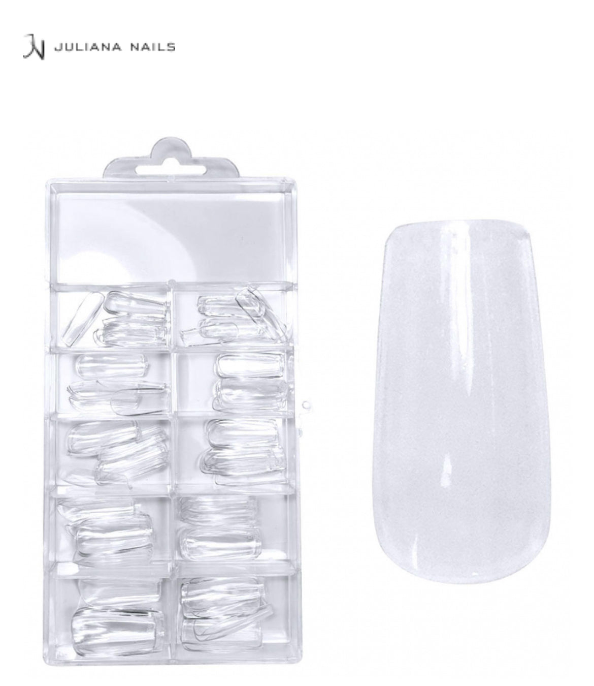 JULIANA NAILS
Press-On Fullcover Tips clear Coffin Medium, 100 pcs ( capsules américaines)