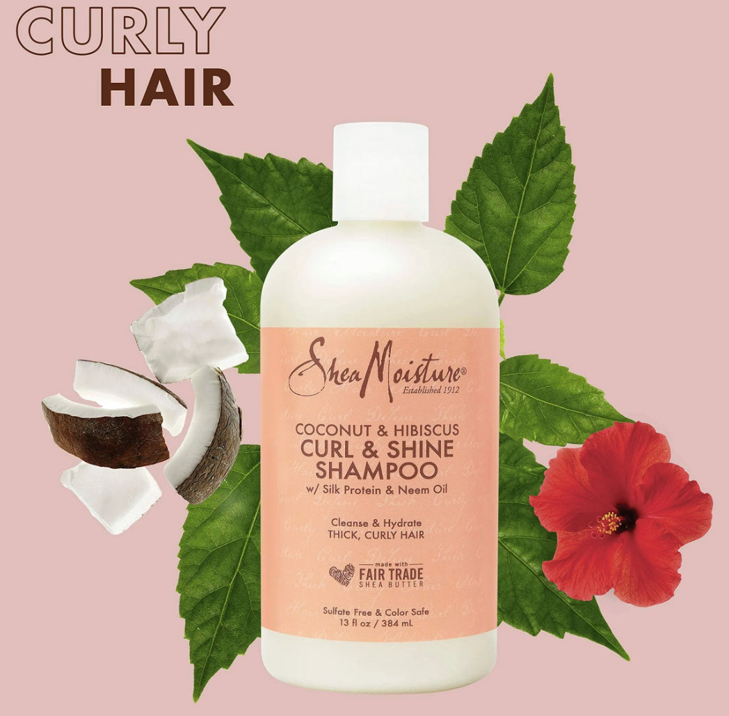 Shea Moisture Coconut & Hibiscus Curl & Shine Shampoing (384 ml) -huile de neem et protéine de soie (cheveux colorés,cheveux bouclés ,) SANS SULFATE