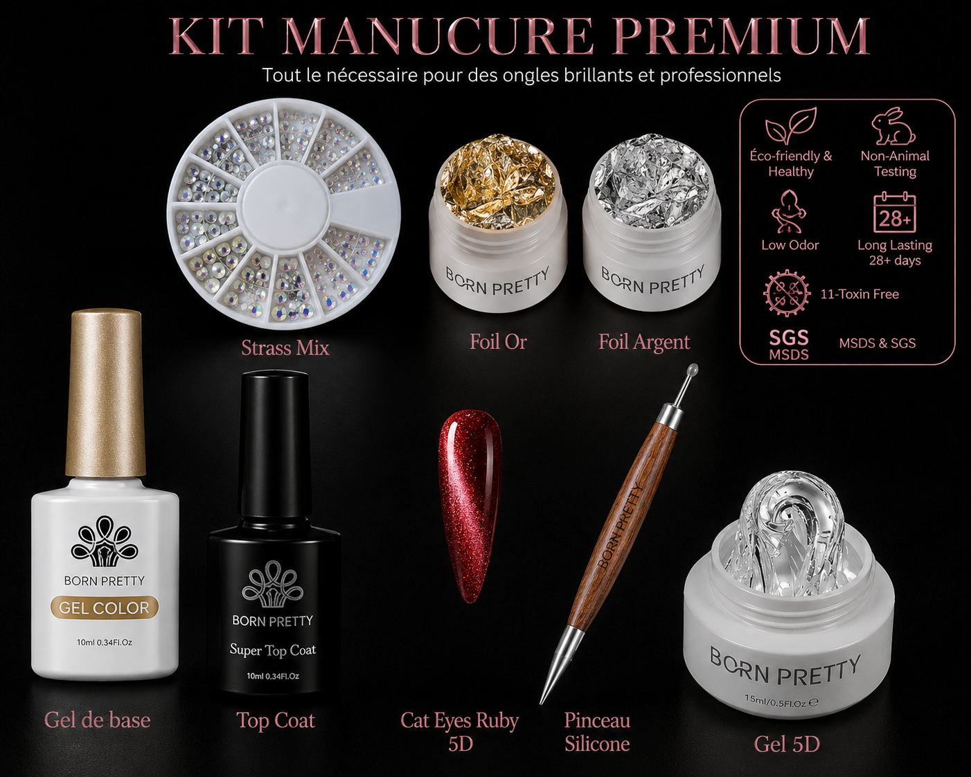 Kit sans TPO 1cat eyes+1 gel 5D+1 pinceau silicone +1 foil or et argent + 1 boîte de strass Winter Sky +1 semi permanent noir Sans TPO