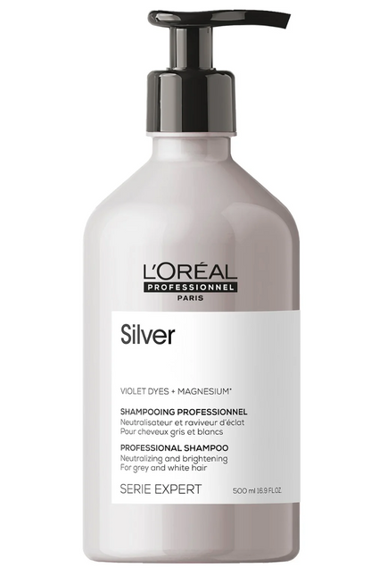 L'Oréal Professionnel Série Expert Silver Shampoing Neutraliseur et raviveur d'éclat pour cheveux gris et blancs -Formats 300 ml et 500ml