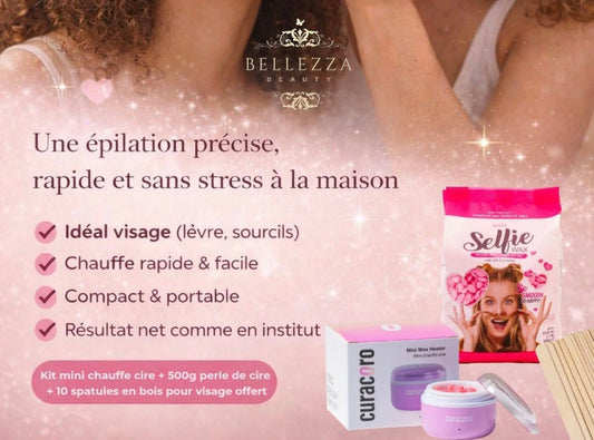 Kit Mini chauffe cire + 500g perle de cire sans bande+ 10 spatules en bois pour visage