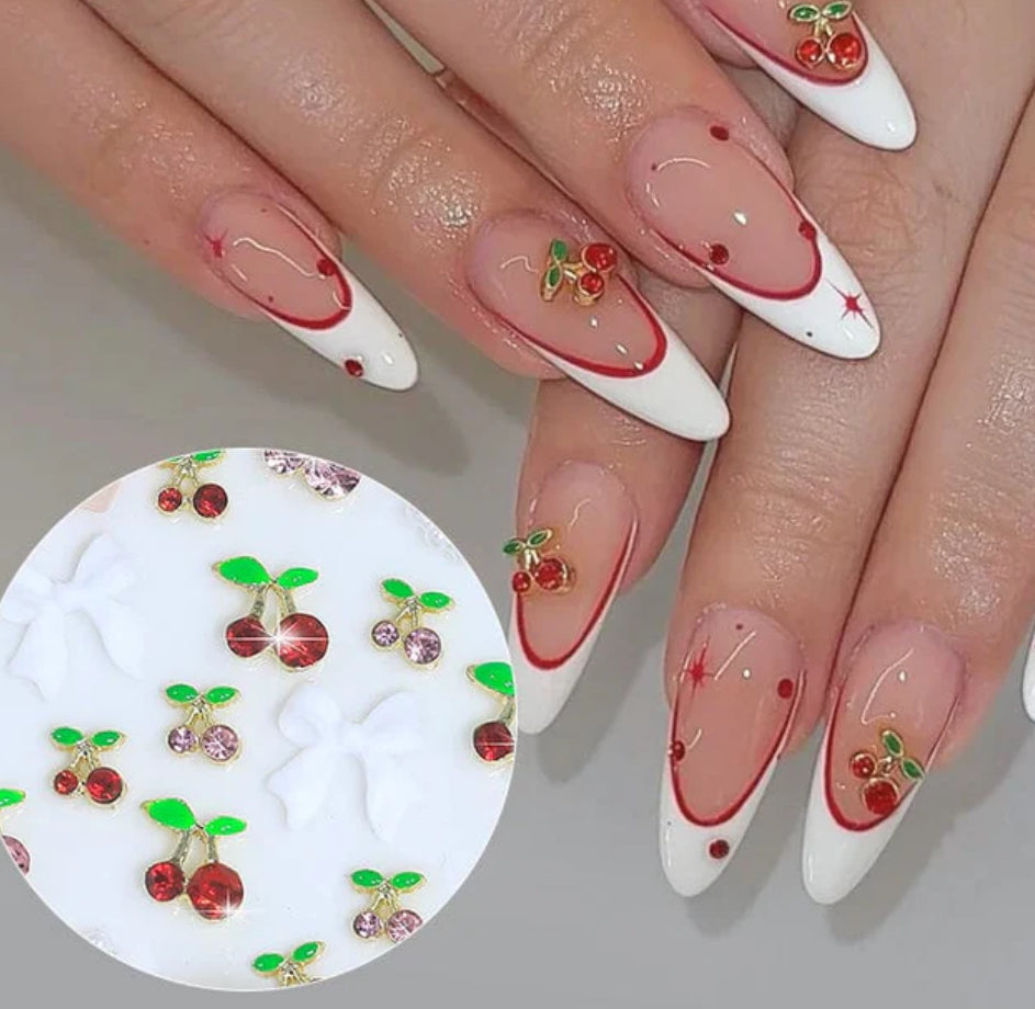 Décoration nails cerise 🍒 noeuds, cœurs