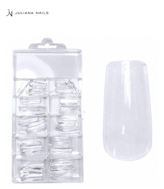 JULIANA NAILS
Press-On Fullcover Tips clear Coffin Medium, 100 pcs ( capsules américaines)