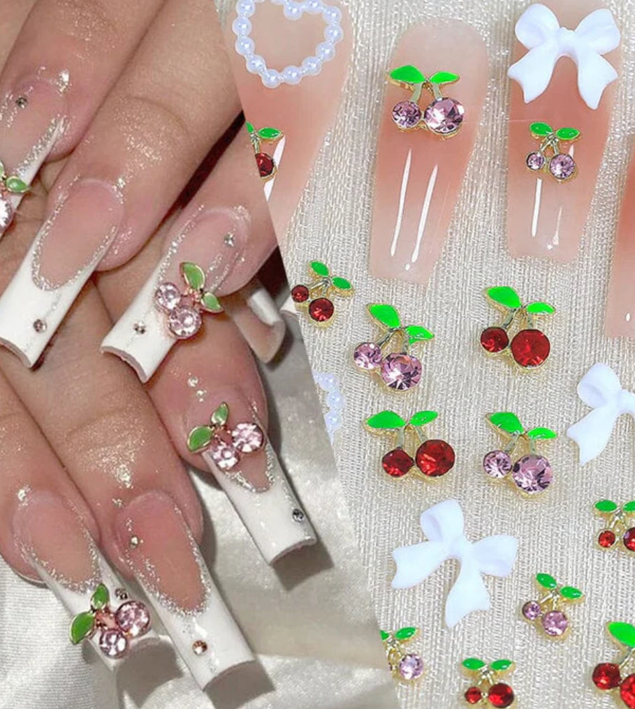 Décoration nails cerise 🍒 noeuds, cœurs