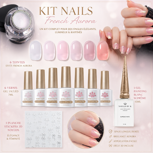 Kit de  6 Colors Jelly Gel Polish Set jelly pink  7ml- SANS TPO SANS HEMA+ Sticker noeud argenté+ 1 suprême White nailed by k +1 poudre aurore